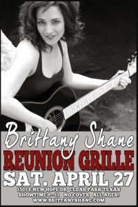 Brittany Shane at Reunion Grille Saturday, April 27th at 8pm